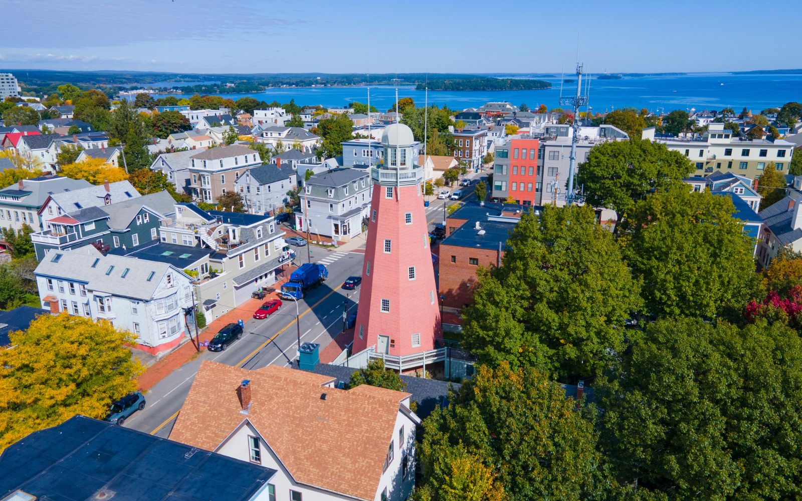 Portland Observatory aerial view at 138 Congress Street on Munjoy Hill in Portland, Maine