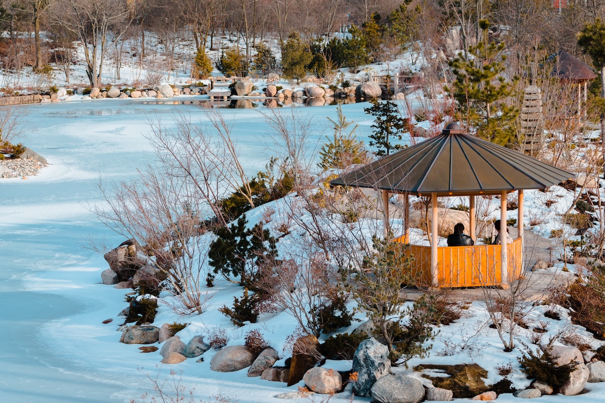 Looking over  a gazebo in the Japanese garden in the Frederik Meijer gardens during winter